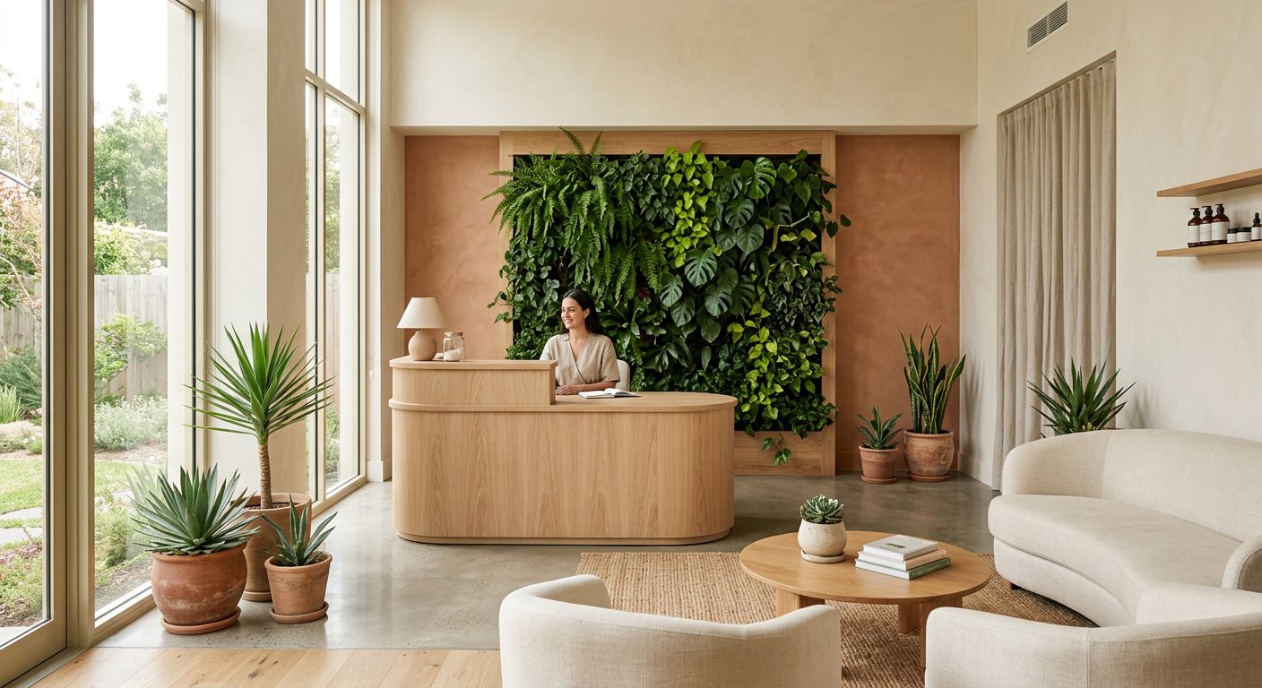 The calm reception area of the Daily Zen Health clinic with a living plant wall
